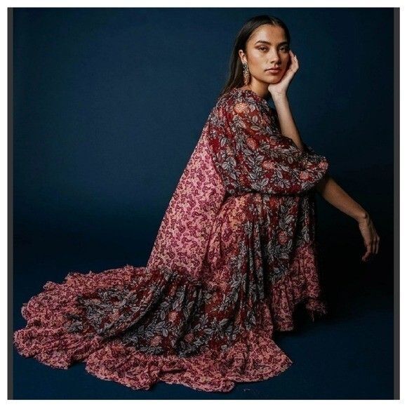 Free People Estelle Chiffon Maxi Dress Buttondown Printed Ruffle Flowy S 280250 - Picture 2 of 14